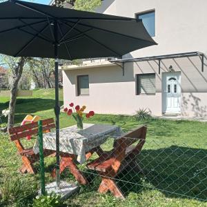 Guest house Dagovic في باغينا باستا: طاولة وكراسي تحت مظلة في ساحة