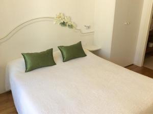 Una cama blanca con dos almohadas verdes. en Locanda Mezzosale, en Conegliano