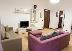 sala de estar con sofá púrpura y TV en Colosseum Comfortable Apartment, en Roma