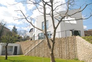 a house with a stone wall and a tree at Crystal Studio in Kutná Hora