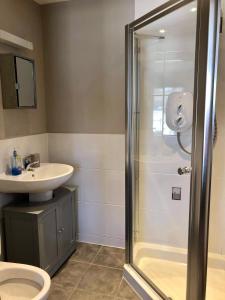 a bathroom with a shower and a toilet and a sink at The Town House in Dornoch