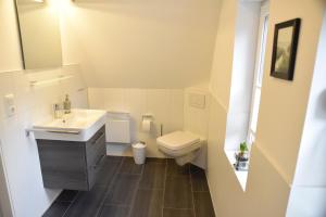 a small bathroom with a sink and a toilet at Ferienhaus-Achterwasser-Usedom in Rankwitz
