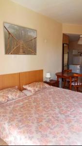 1 dormitorio con 1 cama con una pintura de puente en la pared en Olimpus Garden Homes, en Ayia Napa