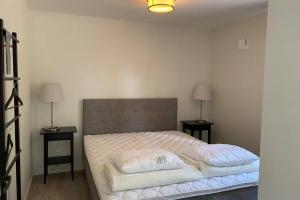 a bedroom with a large bed with two night stands at Naturnära boende i vackra Järvsö - H in Järvsö