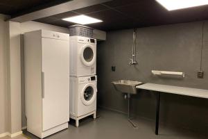 a laundry room with a washing machine and a sink at Naturnära boende i vackra Järvsö - H in Järvsö