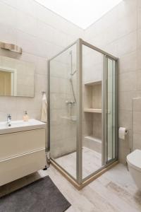 uma casa de banho com um chuveiro, um lavatório e um WC. em Apartment Miško em Dubrovnik