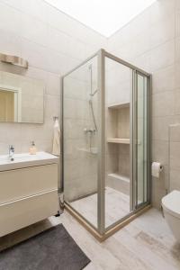 a bathroom with a shower and a sink and a toilet at Apartment Miško in Dubrovnik