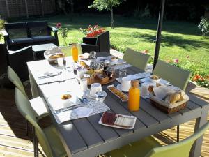 einen Picknicktisch mit Essen und Orangensaft darauf in der Unterkunft Le Pavillon Sandrey in Moulis-en-Médoc