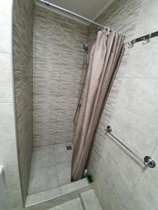 a shower with a shower curtain in a bathroom at Light room Затока in Zatoka