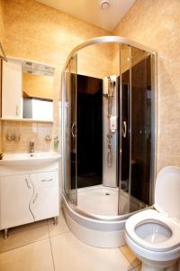 y baño con ducha, aseo y lavamanos. en Business Hotel Alekseevsky en Moscú