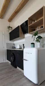 Il comprend une cuisine équipée d'un lave-linge et d'un réfrigérateur blanc. dans l'établissement EDGAR - Hyper Centre, à Nantes