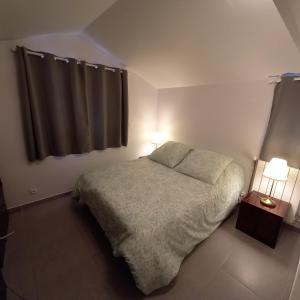 1 dormitorio con 1 cama con 2 lámparas y una ventana en La petite campagne en Blaru