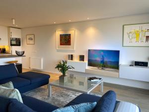 een woonkamer met een blauwe bank en een tv bij Zeewaarts in Cadzand-Bad in Cadzand-Bad