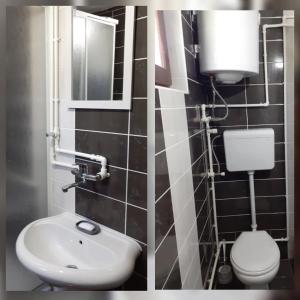 two pictures of a bathroom with a sink and a toilet at Vikendica Jagoš in Mitrovac
