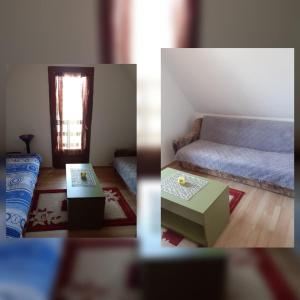 two pictures of a living room with a couch and a table at Vikendica Jagoš in Mitrovac