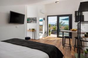 1 dormitorio con 1 cama y escritorio con TV en Belvedere Holidays en Novigrad Istria