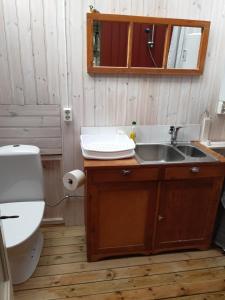 a bathroom with a sink and a toilet at RÖDA STUGAN PÅ SLINKEN in Sala