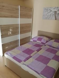 シオーフォクにあるAranyhomok Apartmanの紫と紫の掛け布団が備わるベッドルームのベッド1台