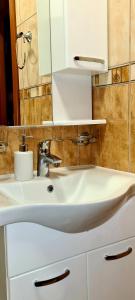ヤホリナにあるApartman Viktor&Dariaの白い洗面台と鏡のあるバスルーム