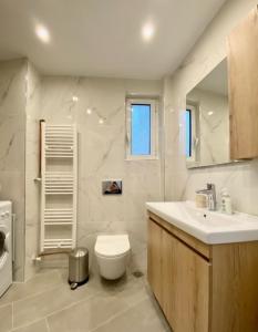 W łazience znajduje się umywalka i toaleta. w obiekcie Seaside comfy apartment/ Palaio Faliro w Atenach