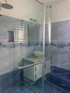 La salle de bains est pourvue d'un lavabo et d'une douche en verre. dans l'établissement Well equipped peaceful 3 bedroom apartment, à Flic-en-Flac