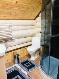ein Holzbadezimmer mit einem WC und einer Dusche in der Unterkunft У ВІТИ котедж4 in Synewyrska Poljana