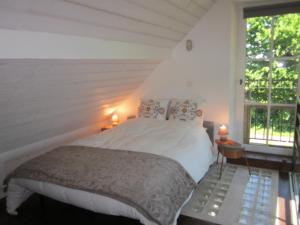ein Schlafzimmer mit einem großen Bett und einem Fenster in der Unterkunft La Vallière en Vue - gîte avec sauna in Amboise
