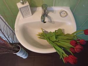 a white sink with a bunch of flowers on it at Apartmány Žiaková - ubytování Nové Hrady 111 in Nové Hrady