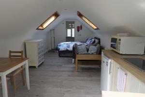 a room with a bed and a kitchen with a microwave at Barrybeag 1 bedroom Apartments in Ballyvaughan
