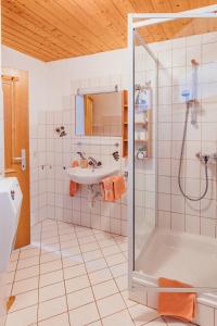 ein Bad mit einer Dusche und einem Waschbecken in der Unterkunft Haus Netzer in Bartholomäberg