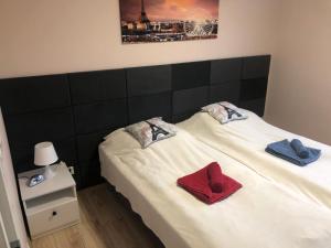 キェルツェにあるKlimatyzowany Apartament Parisのベッド2台(帽子、タオル付)が備わる客室です。