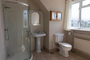 uma casa de banho com um chuveiro, um WC e um lavatório. em Barrymor Twin, Family and Double Room em Ballyvaughan