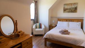 um quarto com uma cama com um espelho e uma cadeira em Barrymor Twin, Family and Double Room em Ballyvaughan