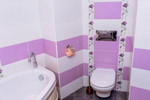 ein lila-weißes Bad mit einem WC und einem Waschbecken in der Unterkunft Sea view apartment next to Sea garden and beach in Warna + 29 Fotos