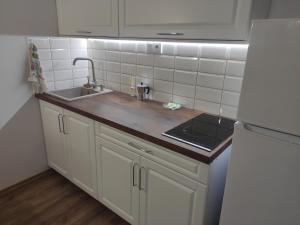 a white kitchen with a sink and a refrigerator at Kossuth Garden in Debrecen