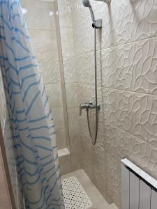 La salle de bains est pourvue d'une douche avec un rideau de douche bleu et blanc. dans l'établissement Vincze Vendégház, à Körmend