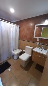 a bathroom with a toilet and a sink and a shower at Amanecer Petit in Miramar +33 photos