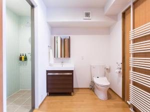 a bathroom with a toilet and a sink and a shower at Kita Kitsune Chalet in Niseko