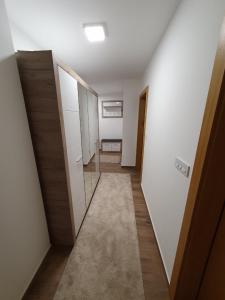 a hallway of an apartment with doors and a carpet at Nina Apartman in Soko Banja