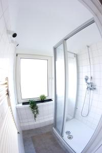 baño blanco con ducha y ventana en Fewo Stadtbucht, en Eutin