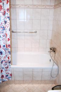 a white bath tub in a bathroom with a shower curtain at M&M Apartment in Zgornje Gorje +20 photos