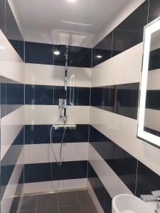 a bathroom with black and white striped walls and a shower at good bed biberist BIBERSOL in Biberist