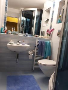 a bathroom with a sink and a toilet and a mirror at Tulips - guest room close to the Airport, free street parking in Sofia