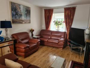 a living room with a leather couch and a television at Dromod Lodge in Dromod
