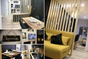 a collage of photos with a yellow couch and a table at Orion in Clermont-Ferrand