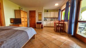 ein Schlafzimmer mit Bett und eine Küche mit Tisch in der Unterkunft Panorama Apartment in Tihany