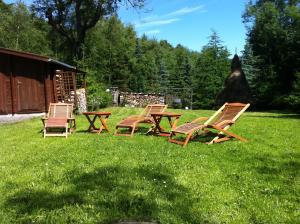 een groep stoelen en tafels in het gras bij Ferienhaus Bikehütte Rehnhäusl in Fürstenwalde