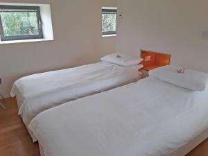 twee witte bedden in een kamer met twee ramen bij Kinvara Suites in Kinvara
