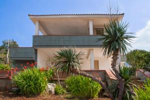 une maison avec des palmiers devant elle dans l'établissement Villa Saracena, à Castellammare del Golfo