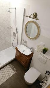 a bathroom with a toilet and a shower and a sink at Black Gate - 2 Bedroom Apartment in the Heart of Old Town with Free Private Secured Parking in Braşov